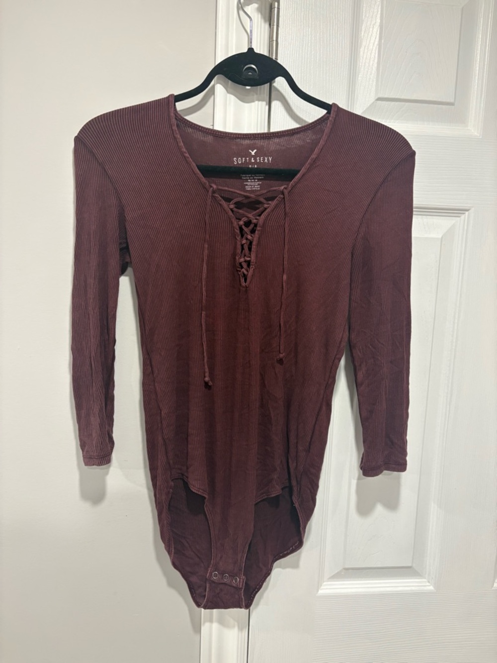 American Eagle Outfitters Lace-Up Ribbed Bodysuit - Wine